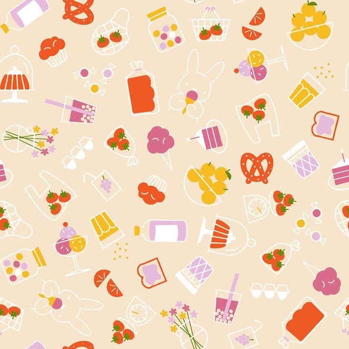 Image of Persimmon Bun Es Market Shell quilting cotton fabric by Rashida Coleman Hale of Ruby Star Society for Moda Fabrics. Features food on a cream background. Cute Little Fabric Shop.