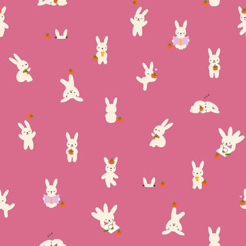 Image of Persimmon Bun E and Sammy Hibiscus quilting cotton fabric by Rashida Coleman Hale of Ruby Star Society for Moda Fabrics. Features bunnies on a purple background. Cute Little Fabric Shop.