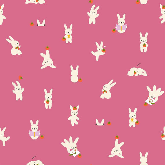 Image of Persimmon Bun E and Sammy Hibiscus quilting cotton fabric by Rashida Coleman Hale of Ruby Star Society for Moda Fabrics. Features bunnies on a purple background. Cute Little Fabric Shop.