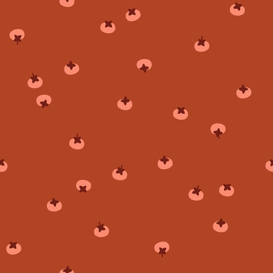 Image of Persimmon Persimmons Cayenne quilting cotton fabric by Rashida Coleman Hale of Ruby Star Society for Moda Fabrics. Features fruits on a red background. Cute Little Fabric Shop.