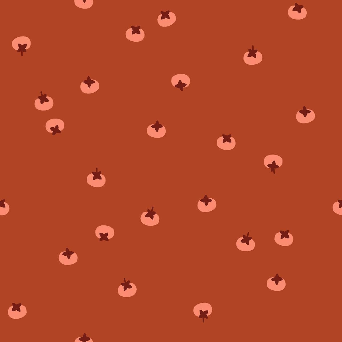 Image of Persimmon Persimmons Cayenne quilting cotton fabric by Rashida Coleman Hale of Ruby Star Society for Moda Fabrics. Features fruits on a red background. Cute Little Fabric Shop.
