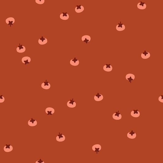 Image of Persimmon Persimmons Cayenne quilting cotton fabric by Rashida Coleman Hale of Ruby Star Society for Moda Fabrics. Features fruits on a red background. Cute Little Fabric Shop.