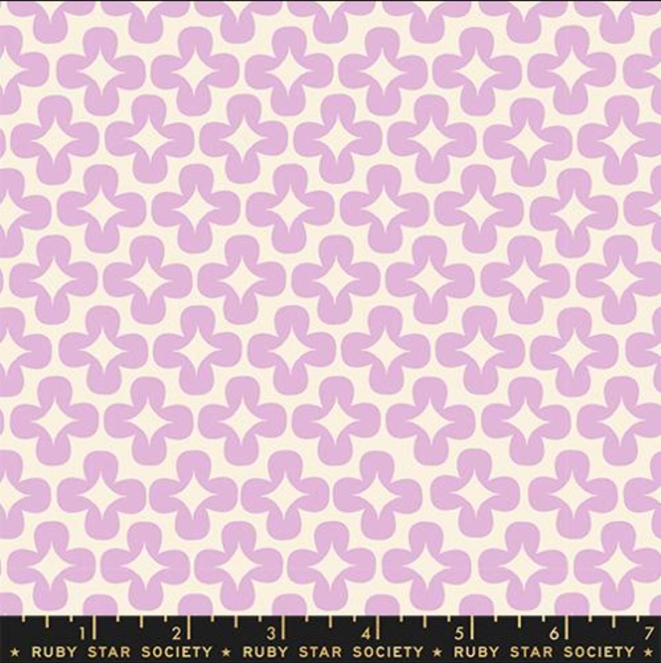 Image of Persimmon Leaf Macaron quilting cotton fabric by Rashida Coleman Hale of Ruby Star Society for Moda Fabrics. Features a geometric pattern on a purple background. Cute Little Fabric Shop.