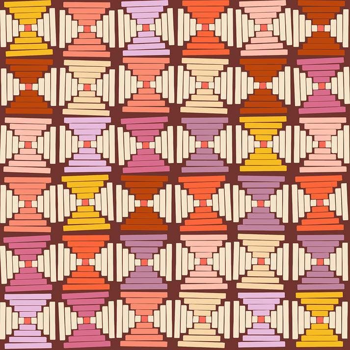 Image of Persimmon Courthouse Steps Cranberry quilting cotton fabric by Rashida Coleman Hale of Ruby Star Society for Moda Fabrics. Features a geometric pattern on a red background. Cute Little Fabric Shop.