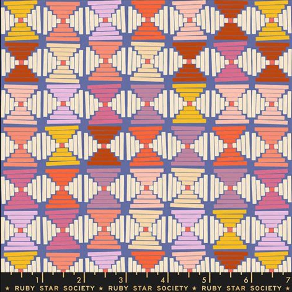 Image of Persimmon Courthouse Steps Twilight quilting cotton fabric by Rashida Coleman Hale of Ruby Star Society for Moda Fabrics. Features a geometric pattern on a blue background. Cute Little Fabric Shop.