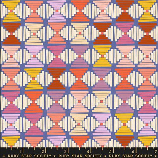 Image of Persimmon Courthouse Steps Twilight quilting cotton fabric by Rashida Coleman Hale of Ruby Star Society for Moda Fabrics. Features a geometric pattern on a blue background. Cute Little Fabric Shop.