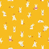 Image of Persimmon Bun E and Sammy Dandelion quilting cotton fabric by Rashida Coleman Hale of Ruby Star Society for Moda Fabrics. Features bunnies on a yellow background. Cute Little Fabric Shop.