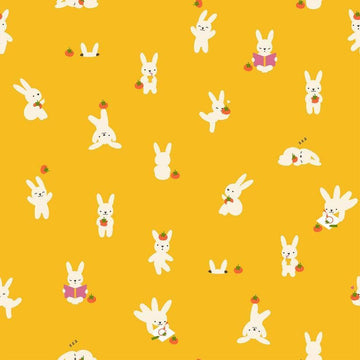 Image of Persimmon Bun E and Sammy Dandelion quilting cotton fabric by Rashida Coleman Hale of Ruby Star Society for Moda Fabrics. Features bunnies on a yellow background. Cute Little Fabric Shop.