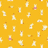 Image of Persimmon Bun E and Sammy Dandelion quilting cotton fabric by Rashida Coleman Hale of Ruby Star Society for Moda Fabrics. Features bunnies on a yellow background. Cute Little Fabric Shop.