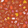 Image of Persimmon Bun Es Market Cayenne quilting cotton fabric by Rashida Coleman Hale of Ruby Star Society for Moda Fabrics. Features food on a red background. Cute Little Fabric Shop.