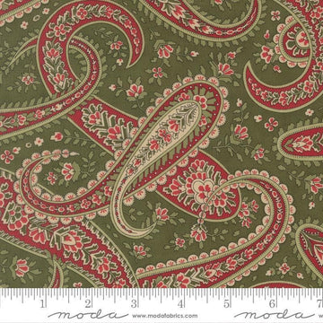 Image of Candlelight Christmas Plaza Paisley Holly quilting cotton fabric by 3 Sisters for Moda Fabrics. Features paisley on a green background. Cute Little Fabric Shop.