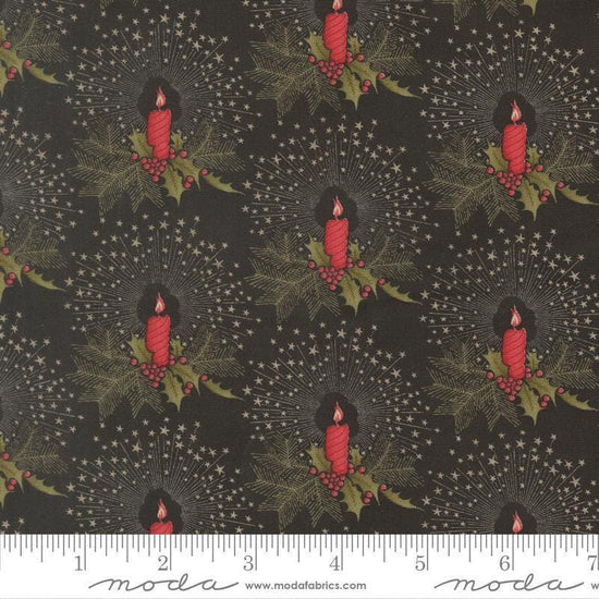 Image of Candlelight Christmas Candlelight Ebony quilting cotton fabric by 3 Sisters for Moda Fabrics. Features candles and leaves on a black background. Cute Little Fabric Shop.