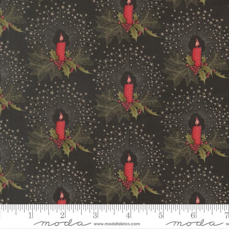 Image of Candlelight Christmas Candlelight Ebony quilting cotton fabric by 3 Sisters for Moda Fabrics. Features candles and leaves on a black background. Cute Little Fabric Shop.