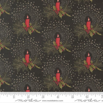 Image of Candlelight Christmas Candlelight Ebony quilting cotton fabric by 3 Sisters for Moda Fabrics. Features candles and leaves on a black background. Cute Little Fabric Shop.