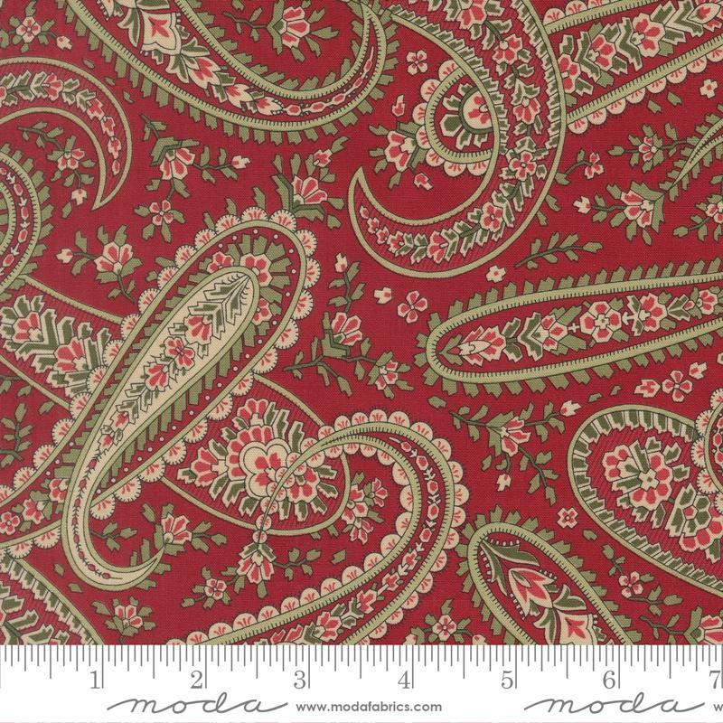 Image of Candlelight Christmas Plaza Paisley Crimson quilting cotton fabric by 3 Sisters for Moda Fabrics. Features paisley on a red background. Cute Little Fabric Shop.