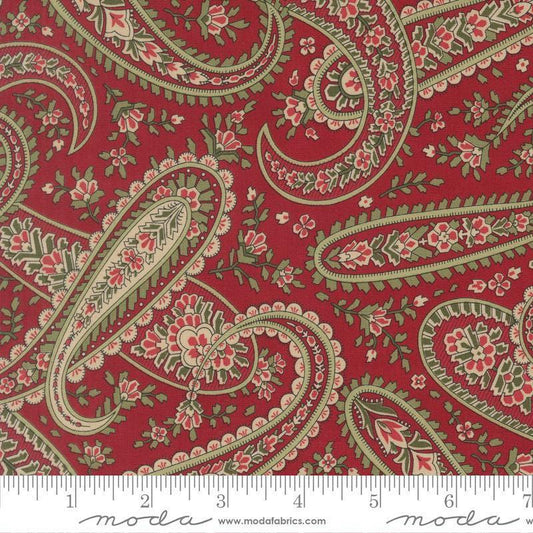 Image of Candlelight Christmas Plaza Paisley Crimson quilting cotton fabric by 3 Sisters for Moda Fabrics. Features paisley on a red background. Cute Little Fabric Shop.