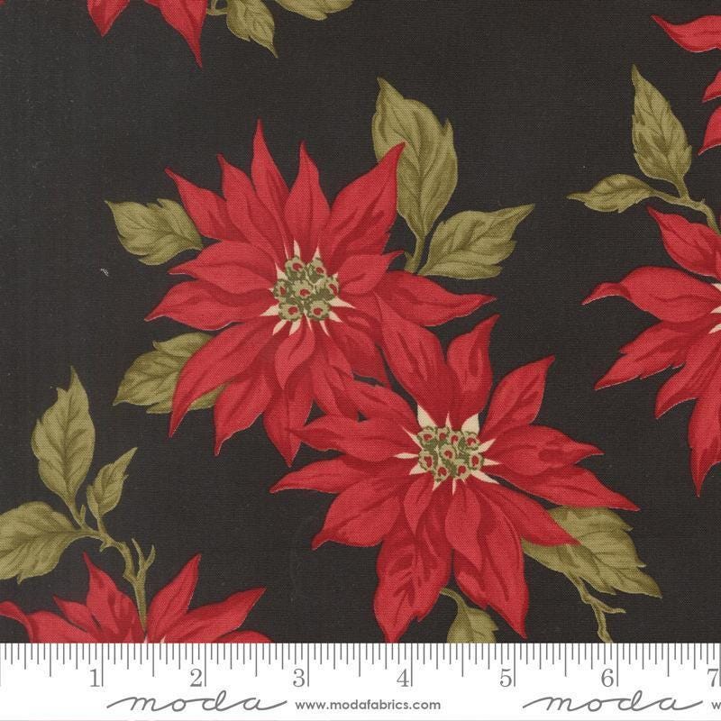 Image of Candlelight Christmas Poinsettia Ebony quilting cotton fabric by 3 Sisters for Moda Fabrics. Features flowers on a black background. Cute Little Fabric Shop.