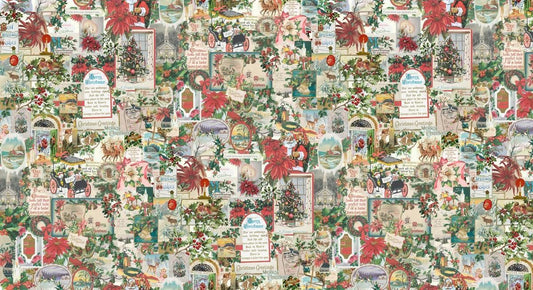 Image of Candlelight Christmas Collage Multi quilting cotton fabric by 3 Sisters for Moda Fabrics. Features christmas icons on a cream, red, and green background. Cute Little Fabric Shop.