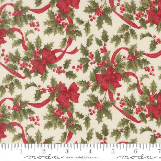 Image of Candlelight Christmas Christmas Bows Cream quilting cotton fabric by 3 Sisters for Moda Fabrics. Features leaves on a cream background. Cute Little Fabric Shop.