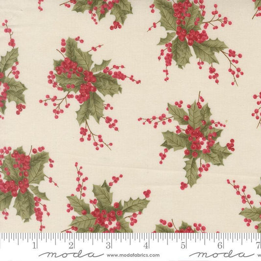 Image of Candlelight Christmas Holly Berry Cream quilting cotton fabric by 3 Sisters for Moda Fabrics. Features leaves and berries on a cream background. Cute Little Fabric Shop.