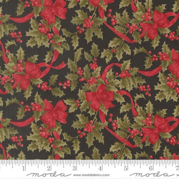 Image of Candlelight Christmas Christmas Bows Ebony quilting cotton fabric by 3 Sisters for Moda Fabrics. Features leaves on a black background. Cute Little Fabric Shop.