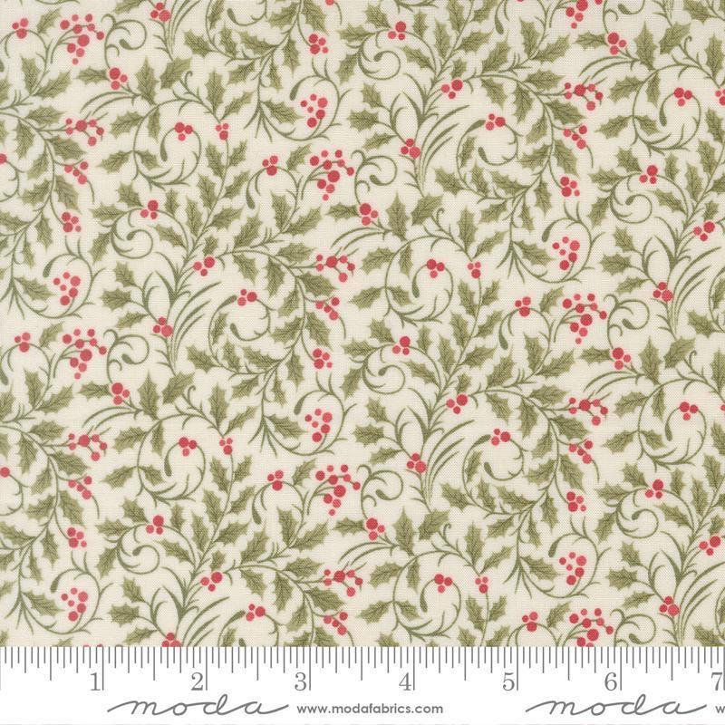 Image of Candlelight Christmas Scroll Cream quilting cotton fabric by 3 Sisters for Moda Fabrics. Features leaves on a cream background. Cute Little Fabric Shop.