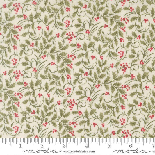 Image of Candlelight Christmas Scroll Cream quilting cotton fabric by 3 Sisters for Moda Fabrics. Features leaves on a cream background. Cute Little Fabric Shop.
