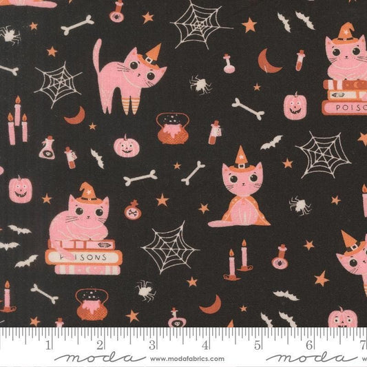 Image of Purrs and Boos Cats Black Cat quilting cotton fabric by Elena Amo for Moda Fabrics. Features cats and halloween icons on a black background. Cute Little Fabric Shop.