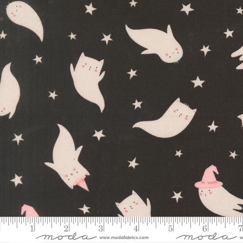 Image of Purrs and Boos Ghost Black Cat quilting cotton fabric by Elena Amo for Moda Fabrics. Features ghosts and stars on a black background. Cute Little Fabric Shop.