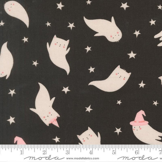 Image of Purrs and Boos Ghost Black Cat quilting cotton fabric by Elena Amo for Moda Fabrics. Features ghosts and stars on a black background. Cute Little Fabric Shop.