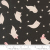 Image of Purrs and Boos Ghost Black Cat quilting cotton fabric by Elena Amo for Moda Fabrics. Features ghosts and stars on a black background. Cute Little Fabric Shop.