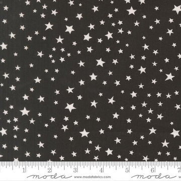 Image of Purrs and Boos Stars Black Cat quilting cotton fabric by Elena Amo for Moda Fabrics. Features stars on a black background. Cute Little Fabric Shop.