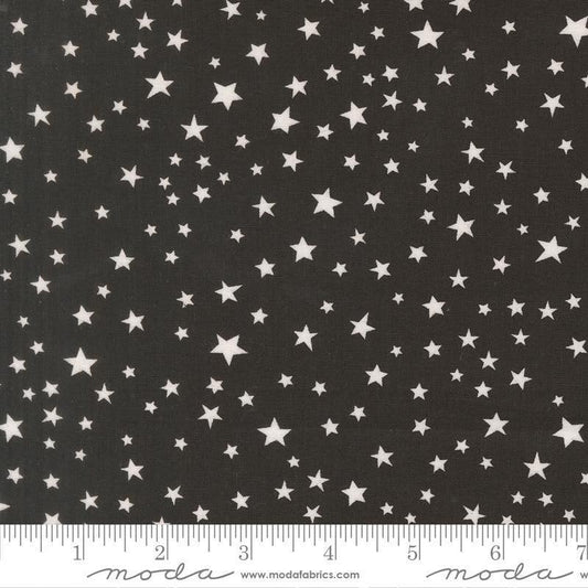 Image of Purrs and Boos Stars Black Cat quilting cotton fabric by Elena Amo for Moda Fabrics. Features stars on a black background. Cute Little Fabric Shop.