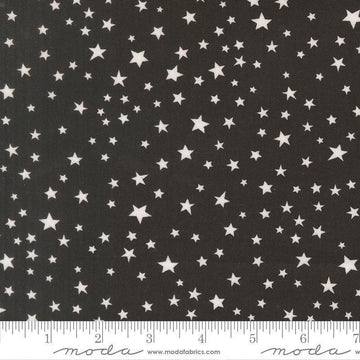 Image of Purrs and Boos Stars Black Cat quilting cotton fabric by Elena Amo for Moda Fabrics. Features stars on a black background. Cute Little Fabric Shop.