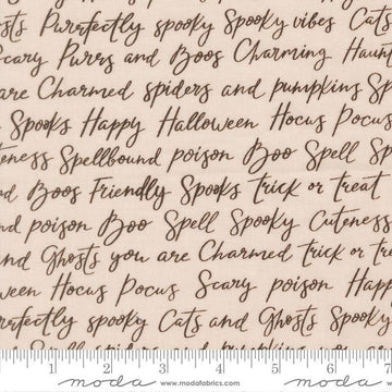 Image of Purrs and Boos Happy Halloween Lettering Moonbeam quilting cotton fabric by Elena Amo for Moda Fabrics. Features text on a cream background. Cute Little Fabric Shop.