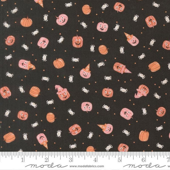 Image of Purrs and Boos Friendly Pumpkins and Spiders Black Cat quilting cotton fabric by Elena Amo for Moda Fabrics. Features pumpkins and spiders on a black background. Cute Little Fabric Shop.