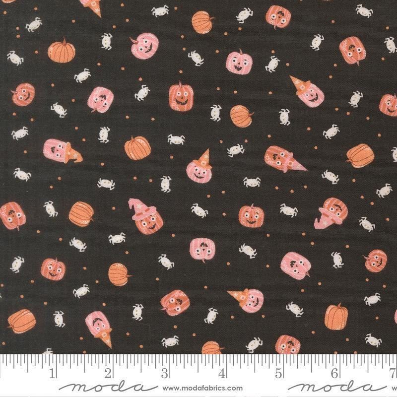 Image of Purrs and Boos Friendly Pumpkins and Spiders Black Cat quilting cotton fabric by Elena Amo for Moda Fabrics. Features pumpkins and spiders on a black background. Cute Little Fabric Shop.