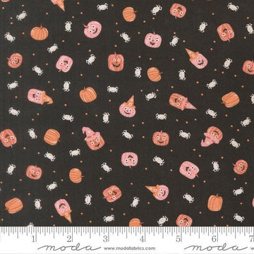 Image of Purrs and Boos Friendly Pumpkins and Spiders Black Cat quilting cotton fabric by Elena Amo for Moda Fabrics. Features pumpkins and spiders on a black background. Cute Little Fabric Shop.