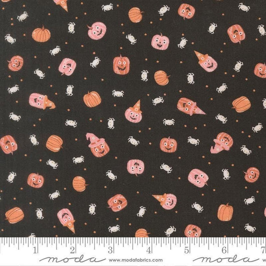 Image of Purrs and Boos Friendly Pumpkins and Spiders Black Cat quilting cotton fabric by Elena Amo for Moda Fabrics. Features pumpkins and spiders on a black background. Cute Little Fabric Shop.