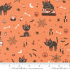 Image of Purrs and Boos Cats Pumpkin quilting cotton fabric by Elena Amo for Moda Fabrics. Features cats and halloween icons on an orange background. Cute Little Fabric Shop.