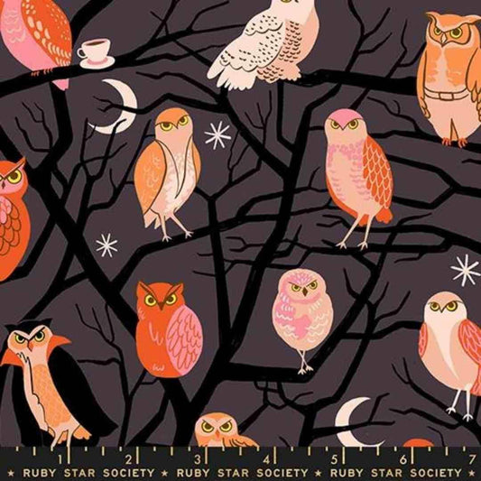 Image of Freaky Familiars Who Cooks For You Eggplant quilting cotton fabric by Ruby Star Society for Moda Fabrics. Features owls on a gray background. Cute Little Fabric Shop.