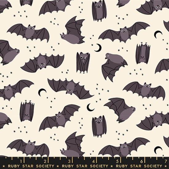 Image of Freaky Familiars Fat Bats Natural quilting cotton fabric by Ruby Star Society for Moda Fabrics. Features bats on a cream background. Cute Little Fabric Shop.