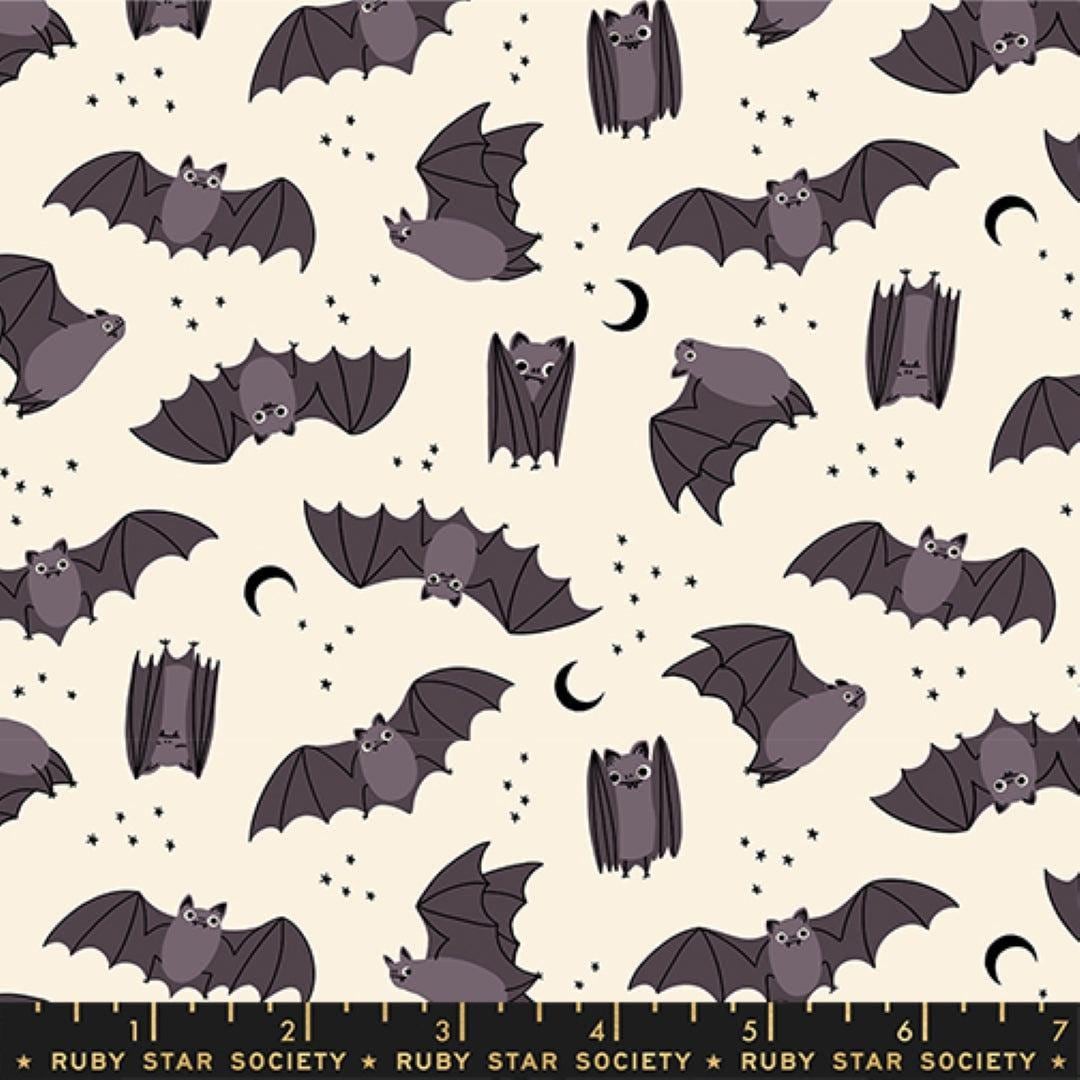 Image of Freaky Familiars Fat Bats Natural quilting cotton fabric by Ruby Star Society for Moda Fabrics. Features bats on a cream background. Cute Little Fabric Shop.