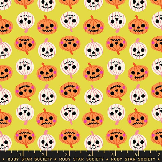 Image of Freaky Familiars Pumpkin Party Citron quilting cotton fabric by Ruby Star Society for Moda Fabrics. Features pumpkins on a yellow background. Cute Little Fabric Shop.