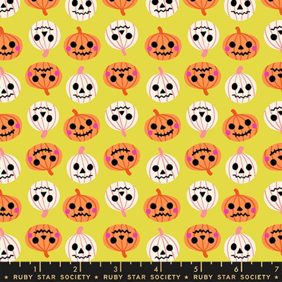 Image of Freaky Familiars Pumpkin Party Citron quilting cotton fabric by Ruby Star Society for Moda Fabrics. Features pumpkins on a yellow background. Cute Little Fabric Shop.