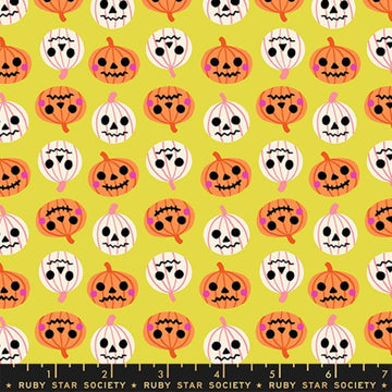 Image of Freaky Familiars Pumpkin Party Citron quilting cotton fabric by Ruby Star Society for Moda Fabrics. Features pumpkins on a yellow background. Cute Little Fabric Shop.