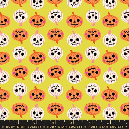 Image of Freaky Familiars Pumpkin Party Citron quilting cotton fabric by Ruby Star Society for Moda Fabrics. Features pumpkins on a yellow background. Cute Little Fabric Shop.