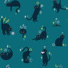 Image of Freaky Familiars Catwalk Storytime quilting cotton fabric by Ruby Star Society for Moda Fabrics. Features cats on a blue background. Cute Little Fabric Shop.
