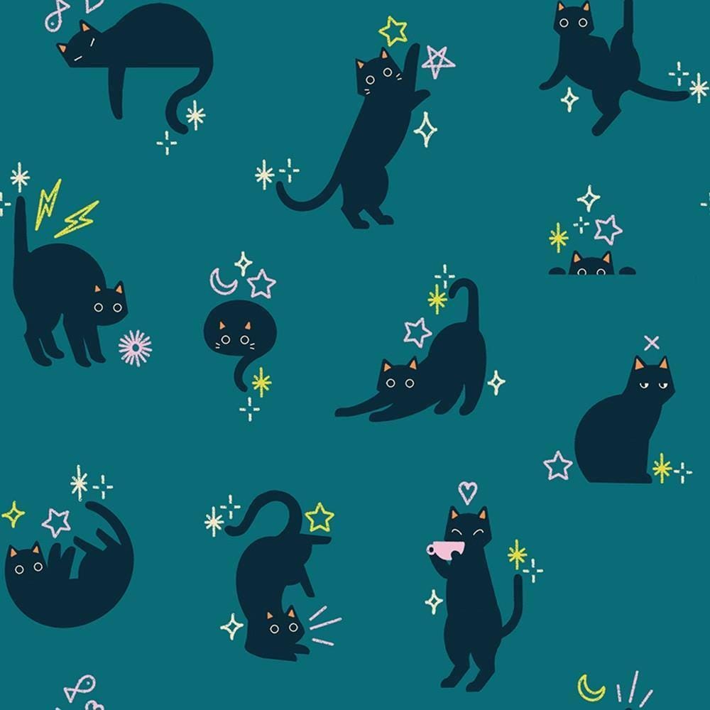 Image of Freaky Familiars Catwalk Storytime quilting cotton fabric by Ruby Star Society for Moda Fabrics. Features cats on a blue background. Cute Little Fabric Shop.