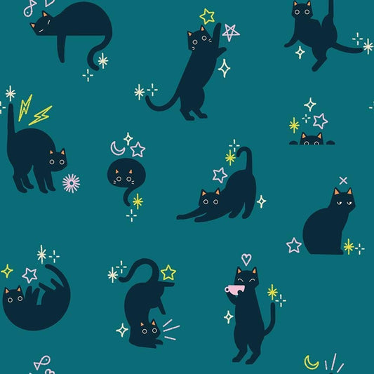 Image of Freaky Familiars Catwalk Storytime quilting cotton fabric by Ruby Star Society for Moda Fabrics. Features cats on a blue background. Cute Little Fabric Shop.